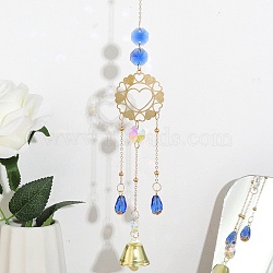 Faceted Glass Teardrop & Octagon Hanging Suncatcher, Iron Bell Wind Chime, with Jump Ring, Heart Pattern, 300x2mm, Hole: 10mm, Pendant: 215x39.5x25.5mm(HJEW-I010-02A)