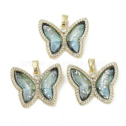 Real 18K Gold Plated Rack Plating Brass Micro Pave Cubic Zirconia Pendants, with Resin, Long-Lasting Plated, Cadmium Free & Lead Free, Butterfly, Pale Turquoise, 21.5x26.5x5mm, Hole: 6x2.7mm(KK-R161-05G-05)