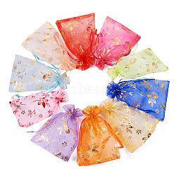 100Pcs 10 Colors Organza Drawstring Jewelry Pouches, Wedding Party Gift Bags, Rectangle with Hot Stamping Flower Pattern, Mixed Color, 15x10x0.11cm, 10pcs/color(OP-TA0001-02)