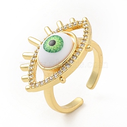Cubic Zirconia Sun with Evil Eye Open Cuff Ring with Enamel, Real 18K Gold Plated Brass Jewelry for Women, Cadmium Free & Lead Free, Lawn Green, US Size 6(16.5mm)(RJEW-B042-08G-02)
