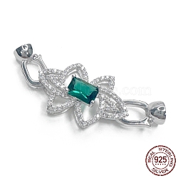 Rhodium Plated 925 Sterling Silver Micro Pave Teal Cubic Zirconia Fold Over Clasps, Flower, Real Platinum Plated, 41mm, Hole: 4mm(STER-P054-05P)