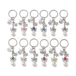 Angel & Star Charms Keychain, with Imitation Pearl Acrylic Beads and Iron Split Key Rings, Mixed Color, 8.4cm, 12pcs/set(KEYC-JKC00746)