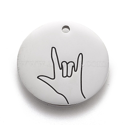 Non-Tarnish 316 Surgical Stainless Steel Pendants, ASL Pendants, Flat Round with Gesture Language, Stainless Steel Color, I Love You, 25x2mm, Hole: 2mm(STAS-F257-10P)