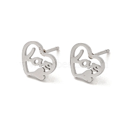 Non-Tarnish 304 Stainless Steel Stud Earrings, Love Heart, Stainless Steel Color, 7.5x9mm(EJEW-P244-09P)