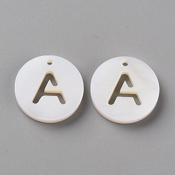 Natural Freshwater Shell Pendants, Flat Round with Letter, Letter.A, 12x1.5mm, Hole: 1mm