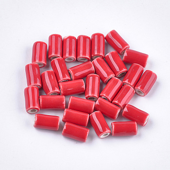 Handmade Porcelain Beads, Bright Glazed Porcelain Style, Column, Red, 10~10.5x6mm, Hole: 2mm