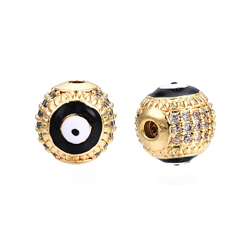 Brass Micro Pave Cubic Zirconia Beads, with Enamel, Real 18K Gold Plated, Round with Evil Eye, Nickel Free, Black, 10mm, Hole: 2mm