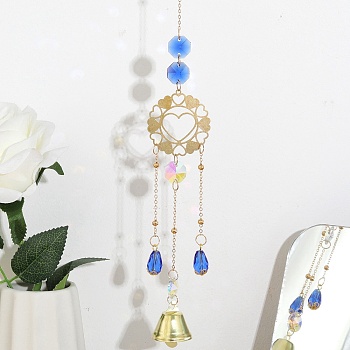 Faceted Glass Teardrop & Octagon Hanging Suncatcher, Iron Bell Wind Chime, with Jump Ring, Heart Pattern, 300x2mm, Hole: 10mm, Pendant: 215x39.5x25.5mm