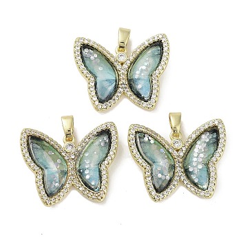 Real 18K Gold Plated Rack Plating Brass Micro Pave Cubic Zirconia Pendants, with Resin, Long-Lasting Plated, Cadmium Free & Lead Free, Butterfly, Pale Turquoise, 21.5x26.5x5mm, Hole: 6x2.7mm