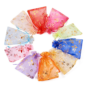 100Pcs 10 Colors Organza Drawstring Jewelry Pouches, Wedding Party Gift Bags, Rectangle with Hot Stamping Flower Pattern, Mixed Color, 15x10x0.11cm, 10pcs/color