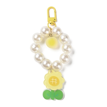 Flower Acrylic Pendant Decorations, with Plastic Imitation Pearl & Iron Clasp, for Bag, Mobile Phone Decorations, Yellow, 138mm, Pendant: 41x28.5x4.5mm