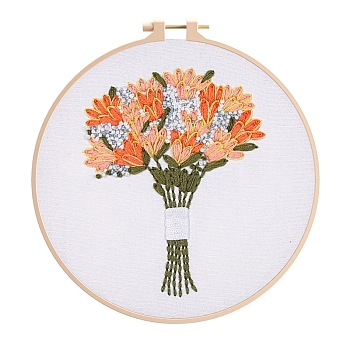 Flower Pattern DIY Embroidery Kit, including Embroidery Needles & Thread, Cotton Cloth, Light Salmon, 210x210mm