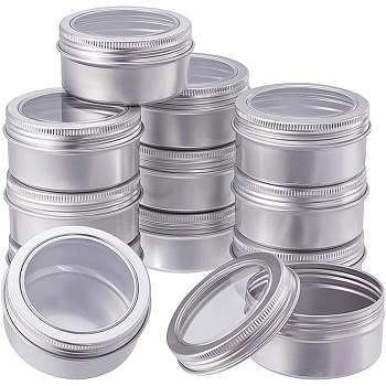 Round Aluminium Tin Cans, Aluminium Jar, Storage Containers for Jewelry Beads, Candies, with Screw Top Lid and Clear Window, Platinum, 7x3.5cm, Capacity: 80ml, 12pcs/box