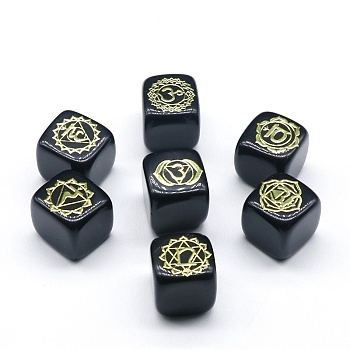 Natural Obsidian 7 Chakra Healing Stone Set, Cube-Shaped with Engraved Symbols, for Reiki meditation Wicca Power Balancing, 16~18mm, 7pcs/set