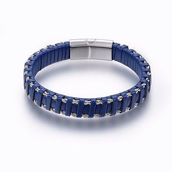 Leather Braided Cord Bracelets, 304 Stainless Steel Magnetic Clasp, Rectangle, Stainless Steel Color, Marine Blue, 8-5/8 inch(22cm), 12x6mm