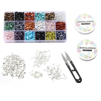 Diy Jewelry Kits, with Natural Gemstone Chips Beads, Elastic Crystal Thread, Scissors, Brass Earring Hooks, Lobster Claw Clasps, Iron Eye Pin, Brass Crimp Beads, 5~8x5~8mm, Hole: 1mm, about 31.5 inch