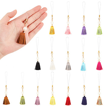 WADORN 16Pcs 16 Colors Faux Suede Polyester Tassel Pendant Decorations, with Resin Pearl and Alloy Findings, Mixed Color, 125mm, 1pc/color