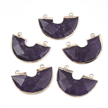 Electroplate Natural White Jade Semi Circle Pendants, with Iron Findings, Faceted, Dyed, Half Round, Golden, Indigo, Golden, 28x41x5mm, Hole: 2.5mm