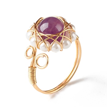 Natural Amethyst Finger Ring for Girl Women, Round Shell Pearl Beads Ring, Brass Wire Wrap Ring, Golden, US Size 7 3/4(17.9mm)