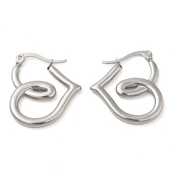 304 Stainless Steel Wire Wrap Hoop Earrings for Women, Heart, Stainless Steel Color, 24.5x3mm