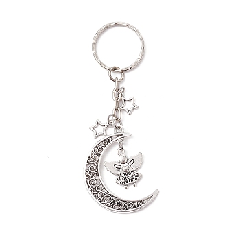 Tibetan Style Alloy Pendants Keychains, with Iron Split Key Rings, Moon with Angle, Antique Silver, 9.1cm