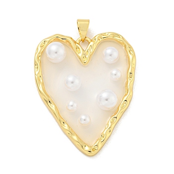 Rack Plating Brass & Epoxy Resin Pendants, Heart Charms with Plastic Beads, Long-Lasting Plated, Lead Free & Cadmium Free, Real 18K Gold Plated, 35x28x6mm, Hole: 5x3mm