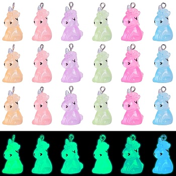 24Pcs 6 Colors Luminous Transparent Resin Pendants, Unicorn Charms, Glow in Dark, with Stainless Steel Color Plated 304 Stainless Steel Loops, Mixed Color, 26x12.5x19mm, Hole: 1.8mm, 4pcs/color