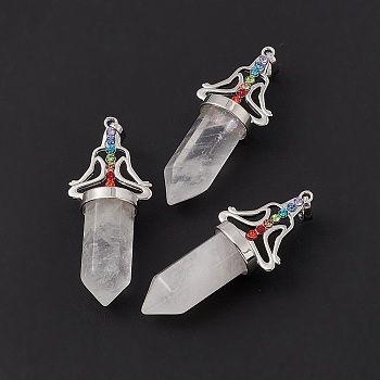 Natural Quartz Crystal Big Pendants, 7 Chakra Faceted Bullet Charms, with Platinum Plated Brass Findings and Colorful Rhinestone, Cadmium Free & Lead Free, 55x22.5x16mm, Hole: 8x5mm