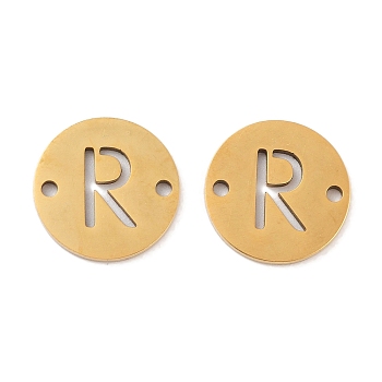 PVD Vacuum Plating 201 Stainless Steel Hollow Flat Round Links, Letter Connector Charms, Real 18K Gold Plated, Letter R, 12x1mm, Hole: 1.2mm