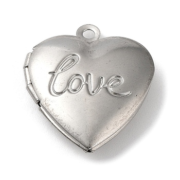 304 Stainless Steel Locket Pendants, Photo Frame Charms for Necklaces, Heart Charm, Stainless Steel Color, Word Love, 29x29x7mm, Hole: 2.6mm