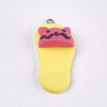 Handmade Polymer Clay Kitten Pendants, with Iron Findings, Slipper with Cat Head Shape, Platinum, Yellow, 42~43x19~20x11~14mm, Hole: 1.5mm