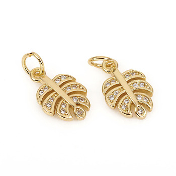 Brass Micro Pave Cubic Zirconia Charms, with Jump Rings, Leaf, Clear, Golden, 13.5x8.5x2.5mm, Jump Rings: 5x0.8mm, 3.4mm Inner Diameter