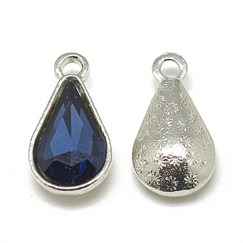 Alloy Glass Pendants, Faceted, teardrop, Platinum, Prussian Blue, 18x10x5mm, Hole: 2mm