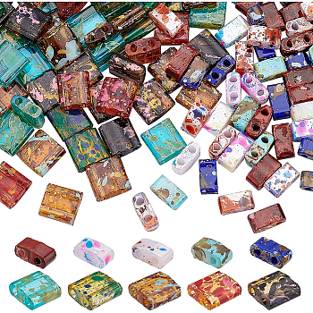 200Pcs 10 Colors 2-Hole Transparent Glass Seed Beads, Antique Style, Rectangle, Mixed Color, 5x4.5~5.5x2~2.5mm, Hole: 0.5~0.8mm, 20pcs/color