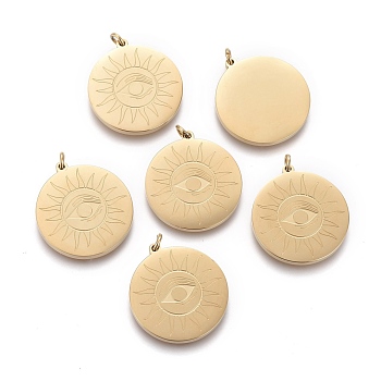 Ion Plating(IP) 304 Stainless Steel Pendants, with Jump Ring, Flat Round with Sun, Golden, 22x20x2mm, Hole: 1.8mm