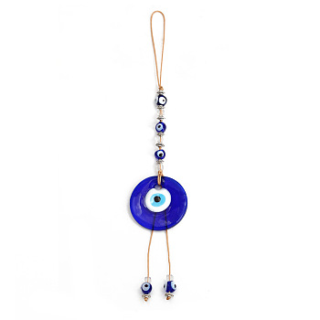 Flat Round with Evil Eye Glass Pendant Decorations, Tassel Hemp Rope Hanging Ornament, Royal Blue, 210mm,