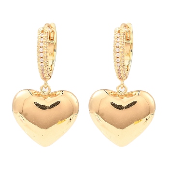 Brass with Cubic Zirconia Dangle Hoop Earrings, Heart, Light Gold, 31.5x17mm