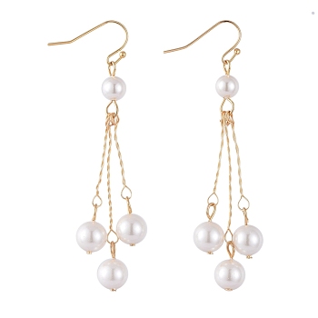 Dangle Earrings, with Shell Pearl Beads, Golden Plated Brass Earring Hooks and Copper Wire, Golden, 70mm, Pin: 0.7mm
