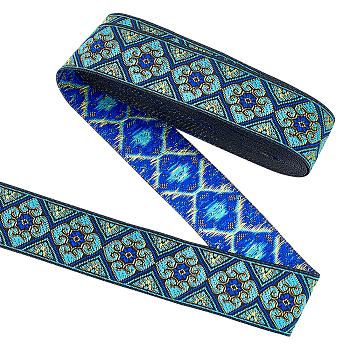Ethnic Style Embroidery Polyester Ribbons, Jacquard Ribbon, Garment Accessories, Blue, Rhombus Pattern, 1-3/8 inch(34mm), about 7.66 Yards(7m)/Roll