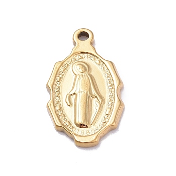 Ion Plating(IP) 304 Stainless Steel Pendants, Oval with Virgin Mary Charms, Golden, 24.5x14.4x2.1mm, Hole: 1.8mm