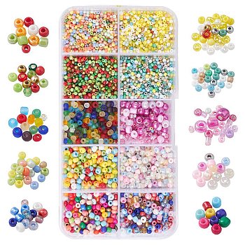 100G 10 Style Opaque & Transparent & Metallic Colours & Silver Lined & Frosted Glass Seed Beads, Round Hole, Round, Mixed Color, 1.8~4x1.3~2.5mm, Hole: 0.7~1.2mm, 10g/color