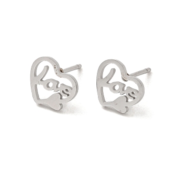 304 Stainless Steel Stud Earrings, Love Heart, Stainless Steel Color, 7.5x9mm
