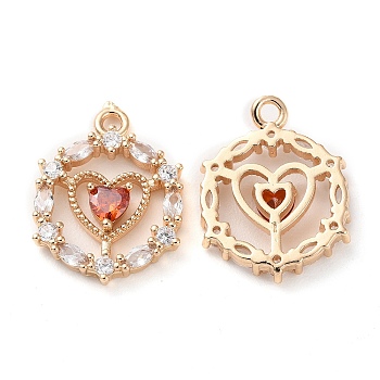 K9 Glass Pendants, with Golden Tone Brass Findings and Rhinestone, Flat Round with Heart Charms, Topaz, 20x15x3.3mm, Hole: 1.8mm