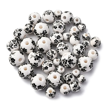 40Pcs 4 Styles Handmade Printed Porcelain Beads, Round, Black, 6~12mm, Hole: 2~3mm, 10pcs/style