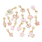 15Pcs Alloy Enamel Pendant Decorations, 304 Stainless Steel Lobster Claw Clasps Charms for Bag Ornaments, Mixed Shapes, Pink, 26~44mm(HJEW-JM02554)