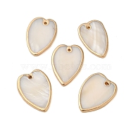 Natural Freshwater Shell Pendants, Heart Charms with Golden Tone Brass Edge, WhiteSmoke, 28x20x2mm, Hole: 1mm(SHEL-M021-15G)