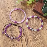 Natural Amethyst with Cat Eye Stone Bracelet Set for Women, 7-1/8~7-1/2inch(18~19cm)(PW-WG80770-01)
