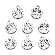 304 Stainless Steel Charms, Laser Cut, Flat Round with Tree, Stainless Steel Color, 12x10x1mm, Hole: 1.2mm(STAS-Q243-LM121-1)
