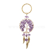 Woven Net/Web with Wing Pendant Keychain, with Natural Amethyst Chips and Iron Key Rings, Flat Round with Tree of Life, 10.9~11cm(KEYC-JKC00481-02)