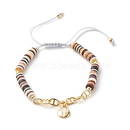 Polymer Clay Heishi Beads Braided Bracelet, Brass Mariner Link Chains Bracelet, Cross Charms Bracelet for Women, Golden, Black, Inner Diameter: 2-3/8~3-1/2 inch(6~9cm)(BJEW-JB07408-02)